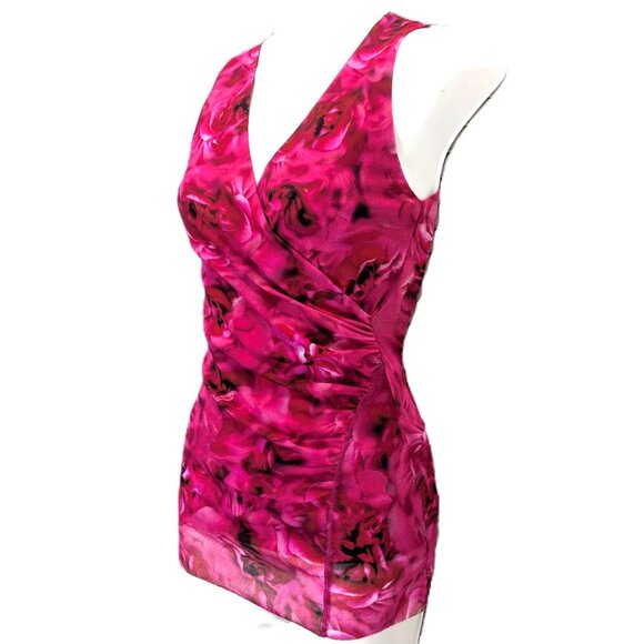 FUZZI Italy Bodycon Mesh Sleeveless Top Small Rose Print Faux Wrap Red Pink - Picture 3 of 16